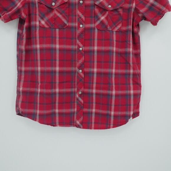 Western Pearl Snap Shirt Mens Medium Red Plaid Rockabilly Western Lightweight - Picture 7 of 10